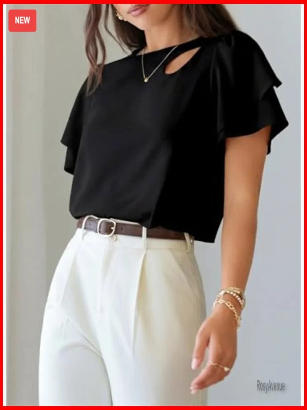 Double Layer Ruffle Sleeve Crewneck Cut-Out Blouse - Picture 3 of 7